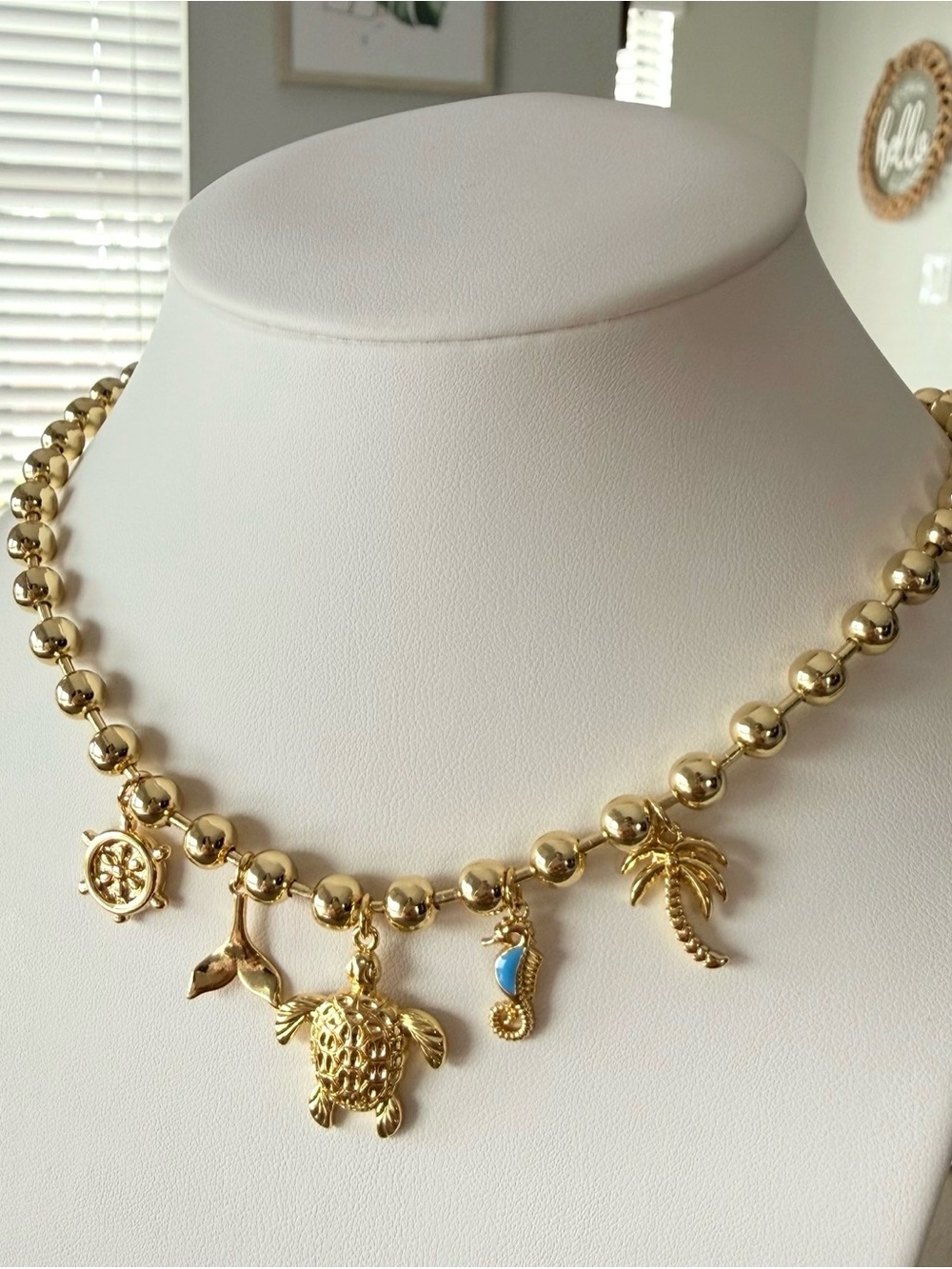 Gold-Tone Beach Charm Beaded Necklace with Turtle, Palm & Seahorse Charms